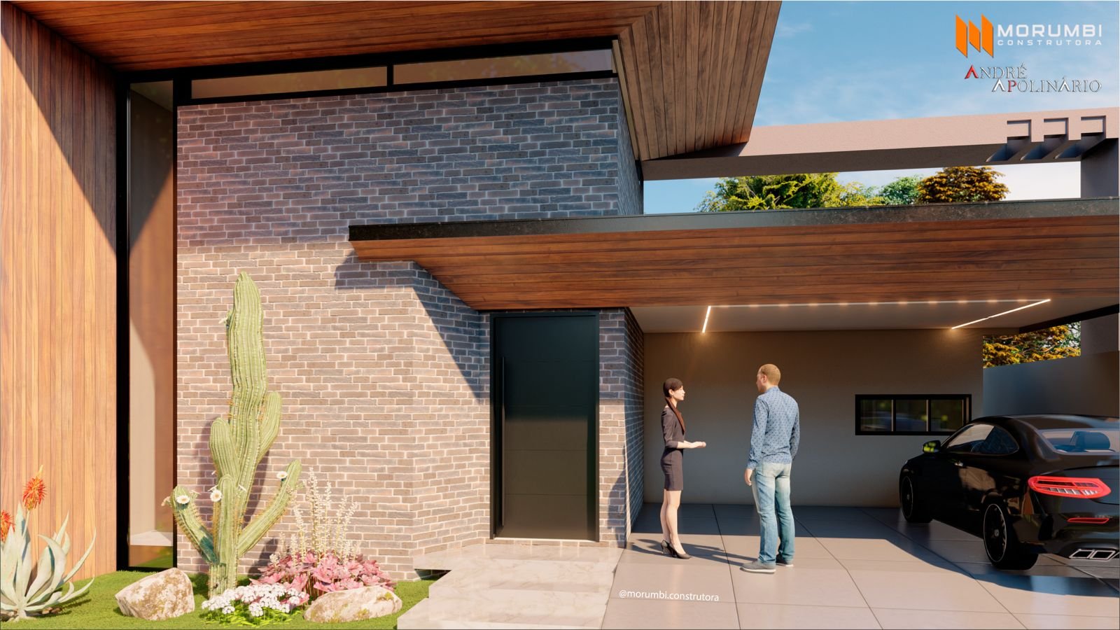 Vista lateral da residência com acabamento em pedra